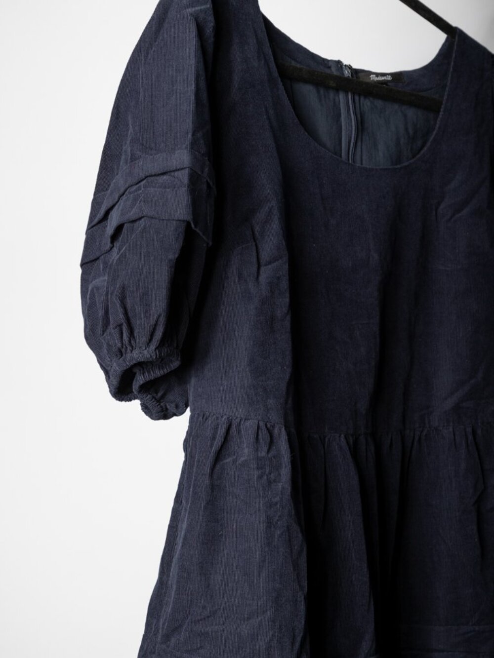 Madewell Tiered Puff Sleeve Mini Dress Navy Blue Corduroy NWOT Size XL - Picture 3 of 10